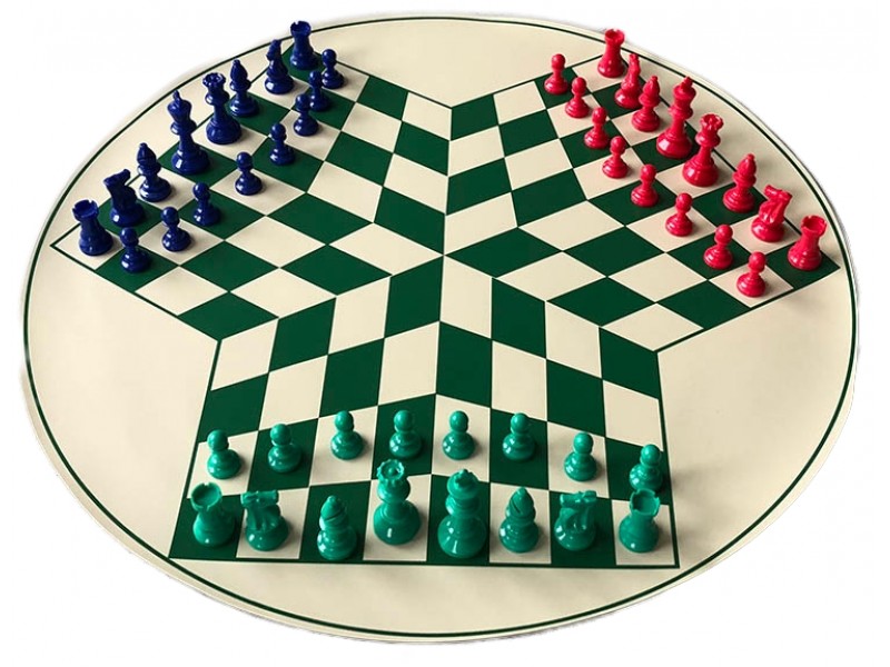 Σέτ σκάκι για τρείς  παίκτες με σκακιέρα βινυλίου διαμέτρου 65 εκ και 3 σετ πλαστικά πιόνια με ύψος βασιλιά 7.6 εκ. και θήκη μεταφοράς