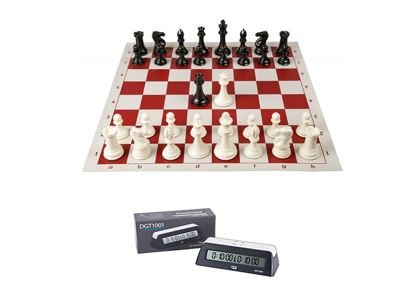 Σκακιέρα βινυλίου κόκκινη 50 Χ 50 +πλαστικά πιόνια (με βάρος) - υψος βασιλιά 9.8 εκ. + Χρονόμετρο DGT 1002