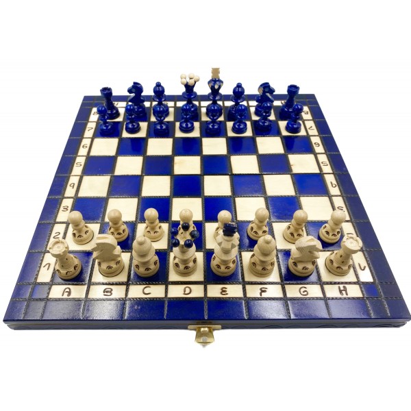 Ξύλινη σκακιέρα γυαλιστερή (glossy) Zadore μπλέ  - Διάσταση 35 Χ 35 εκ. με ξύλινα πιόνια 