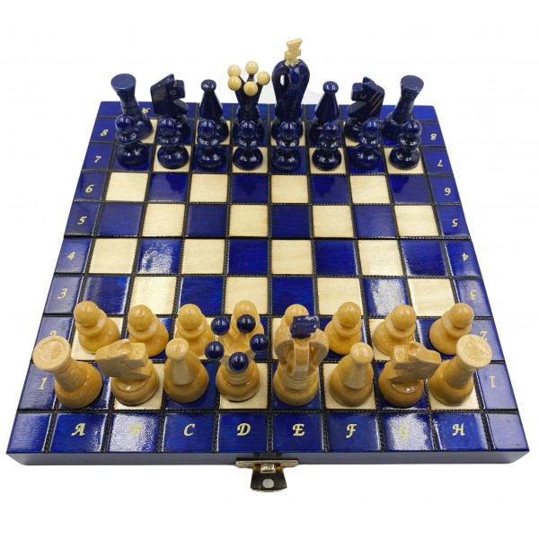 Ξύλινη σκακιέρα γυαλιστερή (glossy) Sereton μπλέ  - Διάσταση 24 Χ 24 εκ. με ξύλινα πιόνια 