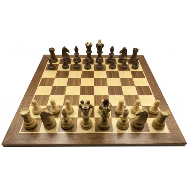 Σκακιέρα  ξύλινη πλακέτα καρυδιά 55 Χ 55 & ξύλινα Ambassador deluxe πιόνια  (καφέ χρώμα)