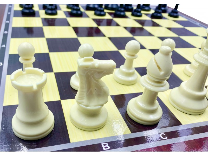 Σέτ Ξύλινη σκακιέρα σπαστή 50 Χ 50 εκ. μαζί με σέτ πλαστικά πιόνια με βάρος , τσόχα στην βάση και με ύψος βασιλιά 9.5 εκ.
