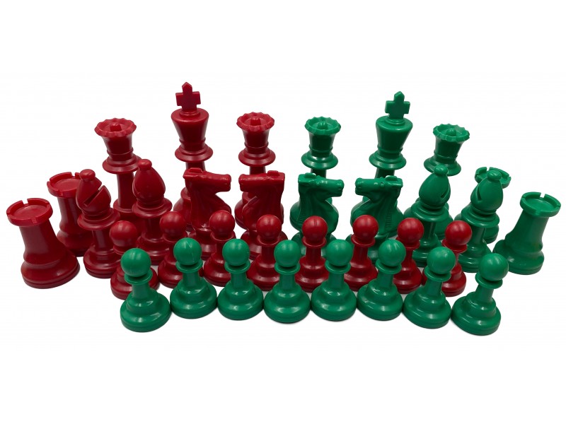 Χρωματιστά πλαστικά πιόνια κόκκινα - πράσινα Staunton , με ύψος βασιλιά 9.5 εκ.  (με τσόχα και διπλές βασίλισσες)