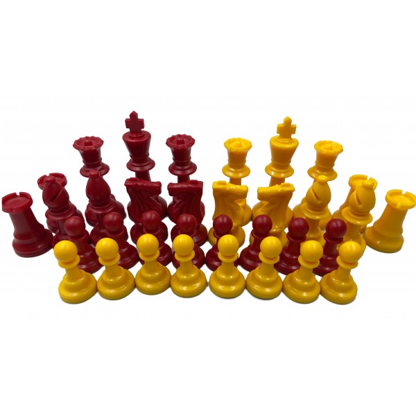 Χρωματιστά πλαστικά πιόνια κίτρινα - κόκκινα Staunton , με ύψος βασιλιά 9.5 εκ.  (με τσόχα και διπλές βασίλισσες)