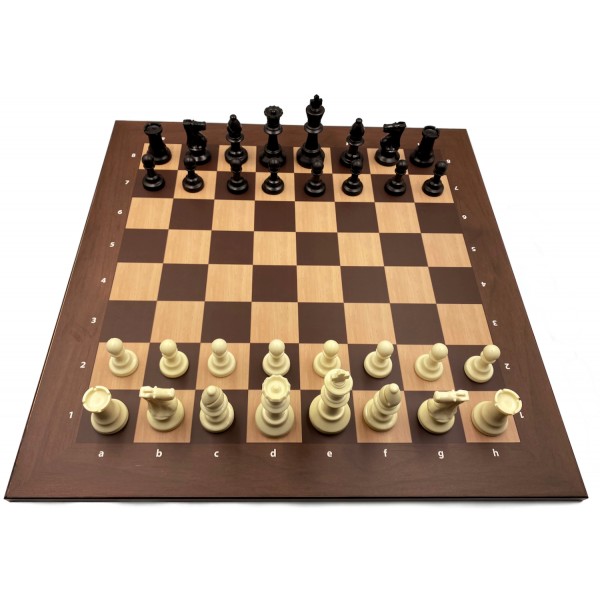 Σκακιέρα ξύλινη τυπώμένη 50 Χ 50 εκ + πιόνια πλαστικά με ύψος βασιλιά 9.5 με βάρος και 2 πουγκιά φύλαξης