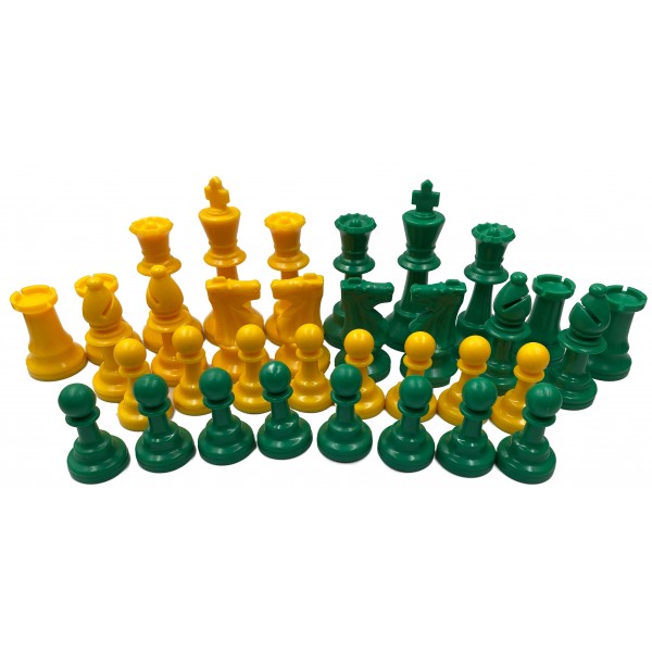 Χρωματιστά πλαστικά πιόνια πράσινα - κίτρινα Staunton , με ύψος βασιλιά 9.5 εκ.  (με τσόχα και διπλές βασίλισσες)